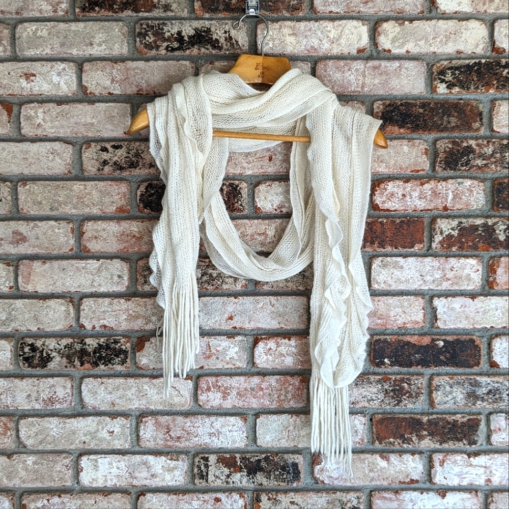 ☕ Soft Cream Ruffle Loose Knit Scarf  with Tassels